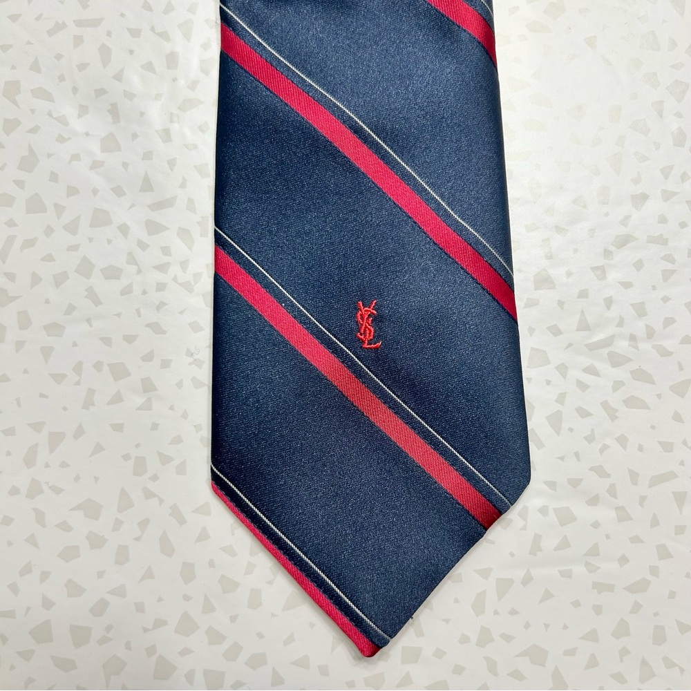 Yves Saint Laurent Navy Blue and Red Striped Silk Tie